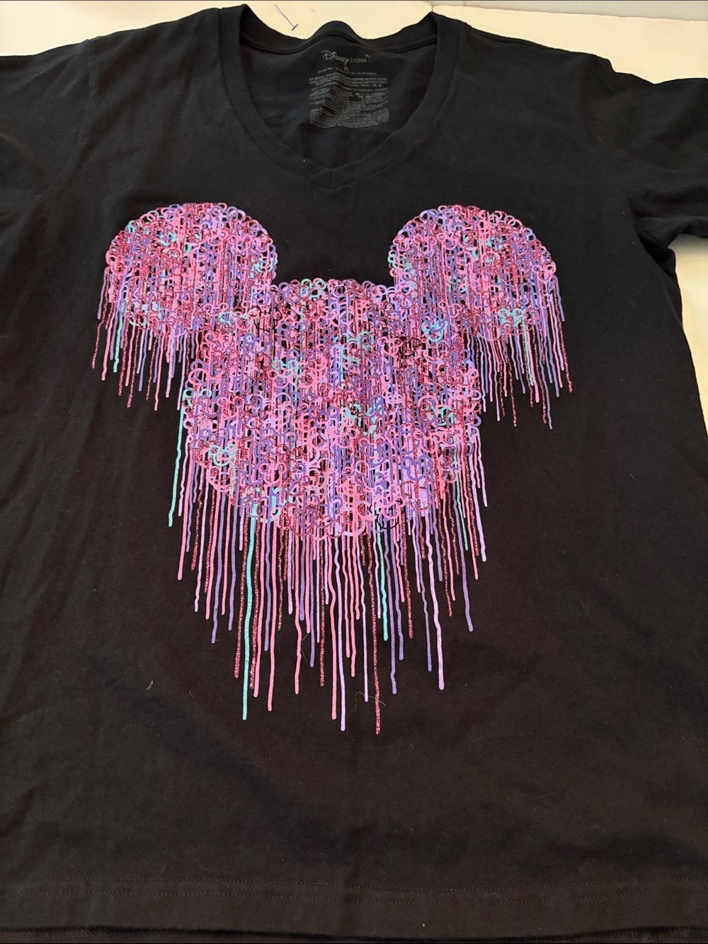 Disney Black Tee with Drippy Pink, Purple & Aqua Mickey Graphic V neck